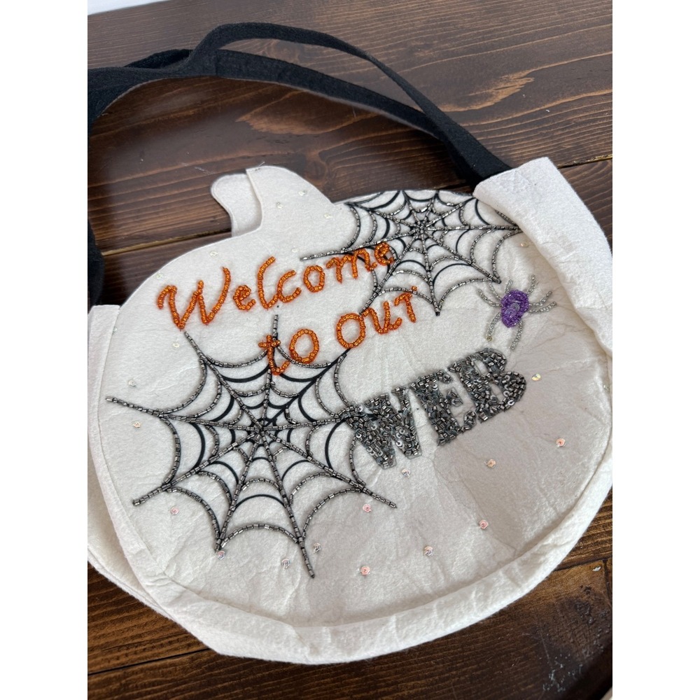Halloween Trick Or Treat Bag Welcome‎ To Our Web Beaded Sparkle Felt
